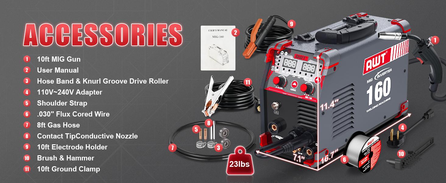 AWT MIG-160 6-in-1 Multi-Process Welder, 160A Dual Voltage 110V/220V Aluminum MIG Welder, Gas MIG, Flux MIG, Stick, Lift TIG, Digital Display Synergic Welding Machine for DIY & Metal Fabrication