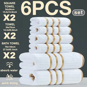 6-Piece Bath Towel Set, Modern Luxury Trim, Quick-Dry Super Absorbent Microfiber, Quick Drying Towel, Multiple Sizes, Suitable for Home Camping Hotel School Community Factory