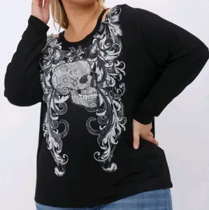 Split Collar Skull Bling LS Top split crew neck loose fit long sleeve embellished rhinestones Crew Neck Womenswear Comfort Streetwear Comfortable