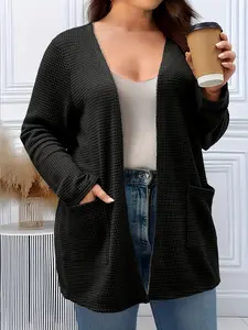 Plus Size Women's Waffle Knit Cardigan, Long Sleeve Open Front Lightweight Sweater, Casual Fashion for Fall & Winter