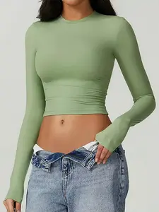 Women's Solid Round Neck Compression Sports Tee, Workout Shirts, Quick Drying Long Sleeve Crew Neck Crop T-shirt, Active Top, Fitness Clothes Tops, Yoga Pilates Gym Activewear, Sportswear for Indoor Outdoor Wear, Valentine's & Birthday & Christmas Gift