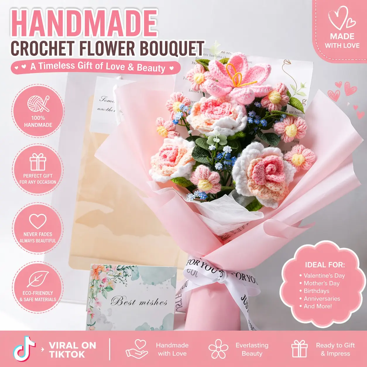 Handmade Knitted Bouquet Simulated Flower Arrangement, Decorative Faux Flower, Perfect Birthday Gift Mother's Day Easter Graduation Decorations No Light Included, Knitted Artificial Flowers