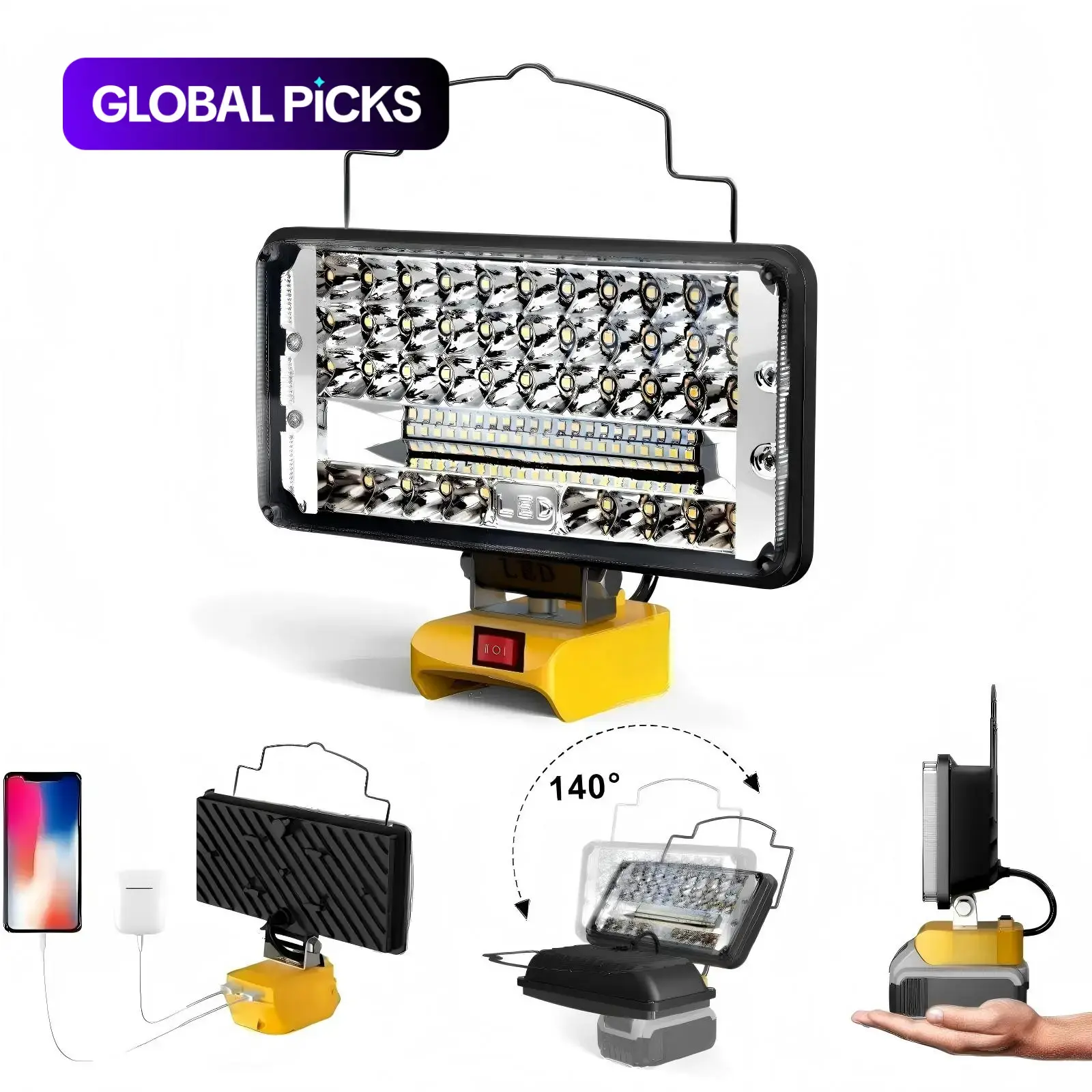 LED Work Light Compatible with Dewalt, 90W 9000LM 8 Inch Bright Battery Lamp, Wireless High Power LED High Lumens Mechanic Flashlight with 2 USB Ports, Low Voltage Protection #GLOBAL PICKS