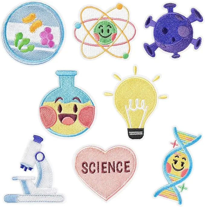 8Pcs Science Iron on Patches Cute Cartoon Physics Biology Chemistry Laboratory Sew on Repair Embroidered Applique Scientist Experiment Atom DNA Virus DIY Craft Gifts for Lab Coat Clothes Backpack Hat