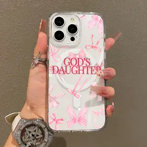 Magnetic Soft Case for iPhoneX/XS/XSMAX/11/12/13/14/15/16/promax Plus , God's Daughter Pink Bow Design MagSafe Compatible,Aesthetic Pattern Design Lightweight,AntiScratch,and Trendy
