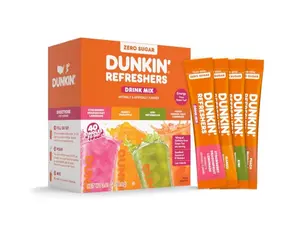Dunkin’ Refreshers Singles To Go! Powdered drink mix packets, 40 Ct Variety Pack, 40 Single serve Packets per Box (40 servings), Energy from Green Tea, aspartame-free, no synthetic colors, naturally and artificially flavored, just add water