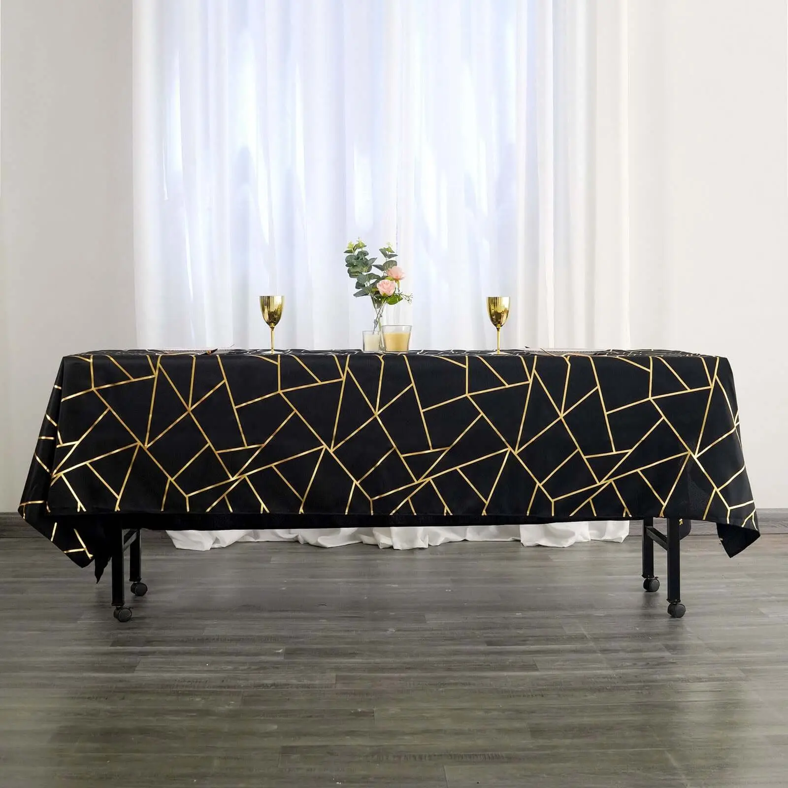 Polyester Rectangle Tablecloth 60"x102" Black with Gold Foil Geometric Pattern - Wrinkle-Resistant & Durable Table Cover
