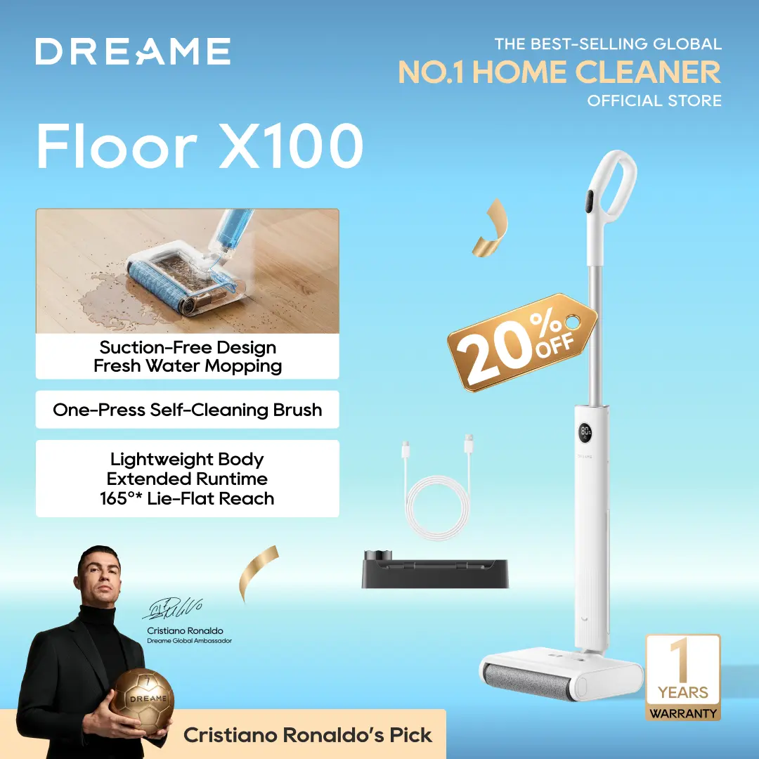 DREAME FloorX 100 Cordless Electric Mop, 45min Runtime, Lightweight 5.1 lbs, Dual-Tank Design, Self-Cleaning Brush
