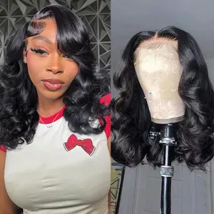 14inch 13x4 Bob Wig Human hair Body Wave HD Lace Front Wigs Pre Plucked 180 Density Glueless Human Hair Wigs for Women Natural Black Color