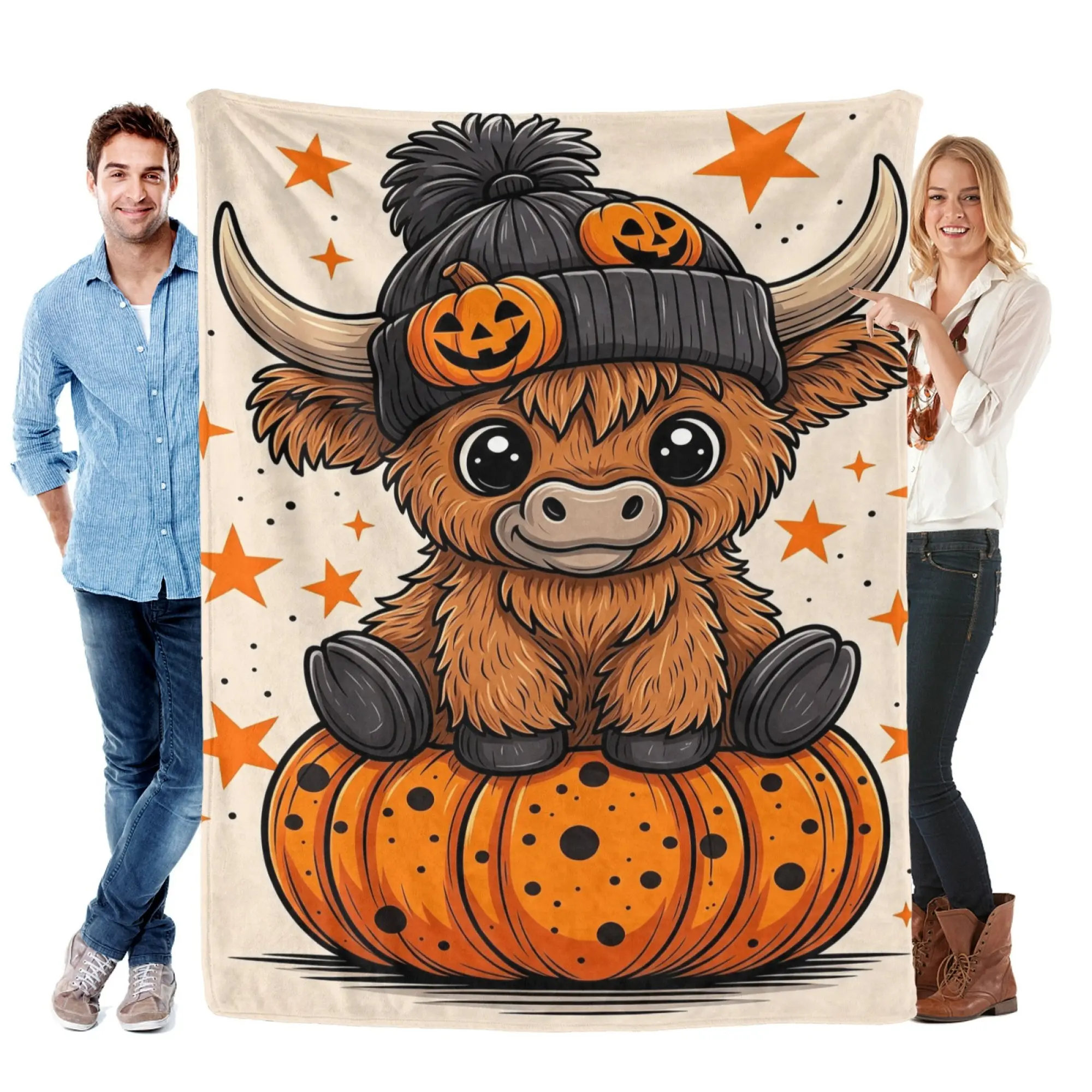 Halloween Baby Highland Cow Pumpkin Hat Flannel Throw Blanket, Lightweight Ultra Soft Fuzzy Plush Blanket for Couch Bed Sofa, All Season Cozy, Cute Gift for Kids Animal Lovers, Fall Spooky Nursery Toddler Bedroom Living Room Home Decor