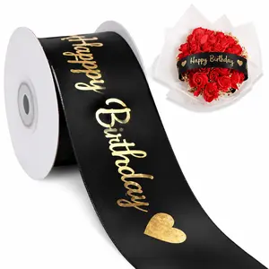 Black Satin Ribbon - 2 in Wide, 10 yd Long, Glitter "Happy Birthday" Print, DIY Scrapbooking Embellishment, Gift Wrapping Supplies for Party Decor