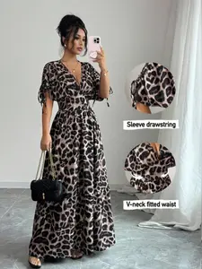 Elegant Vintage Leopard Print V-Neck Dress, Summer Short Sleeve Drawstring, Plus Size, Perfect for Vacation and Daily