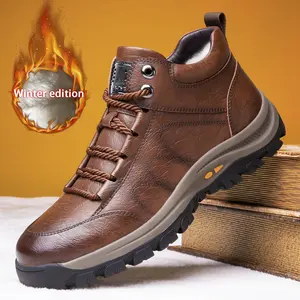 Men's Fashion Mid-top Casual Shoes Lace-up Outdoor Casual Sports Shoes Winter Black Brown Plus Cotton Shoes