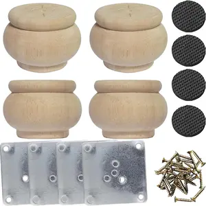 2 Inch Solid Wood Unpainted Replacement Furniture Legs, DIY Round Wooden Bun Feet with Mounting Plate & Screws, Set of 4 for Sofa Cabinet Desk Bookcase