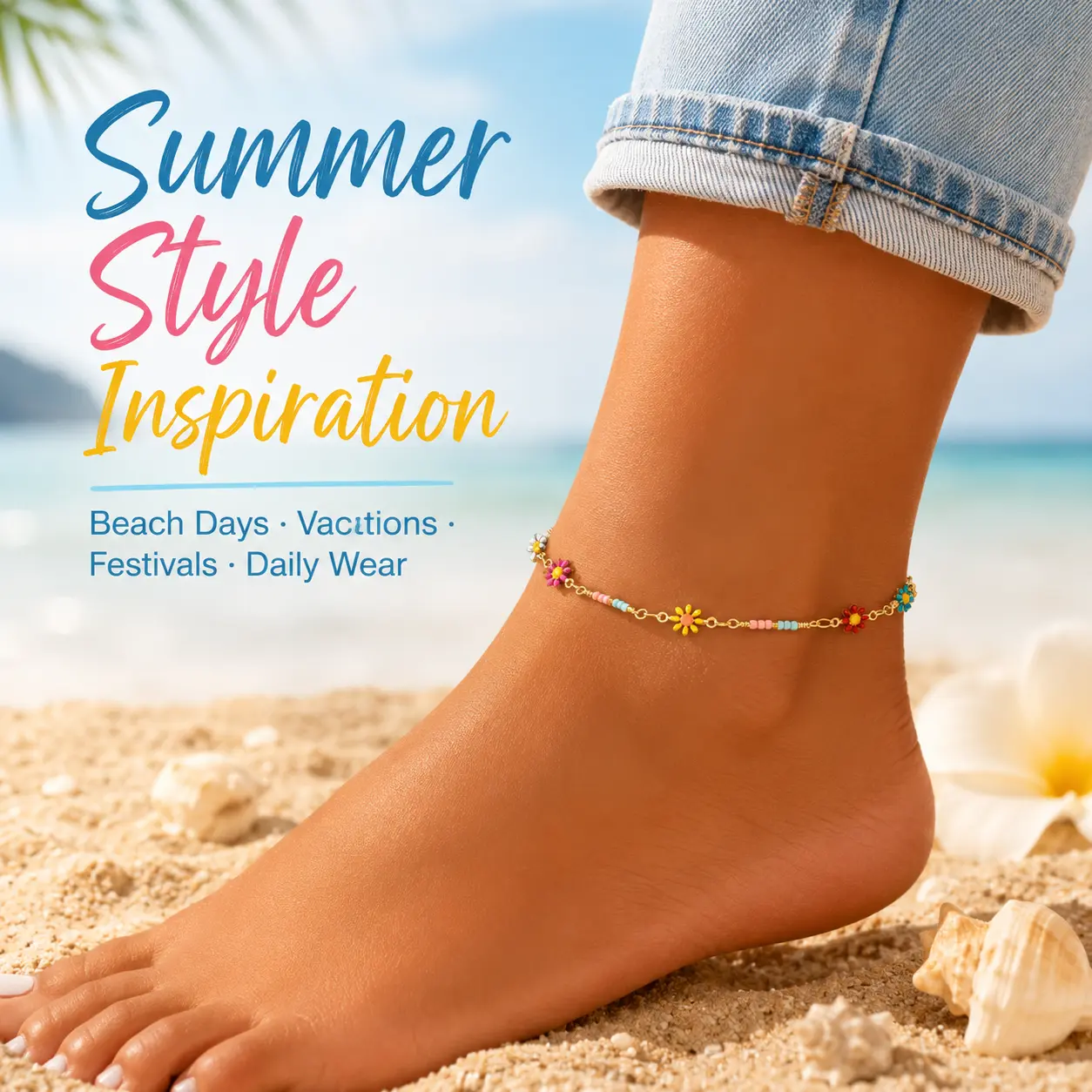 Elegant Daisy Flower Anklet for Women, Pastel Enamel Gold‑Tone Alloy Beaded Adjustable Lightweight Summer Beach Ankle Bracelet, Comes with Gift Box, Ideal Gift for Birthday Holiday 1Pc