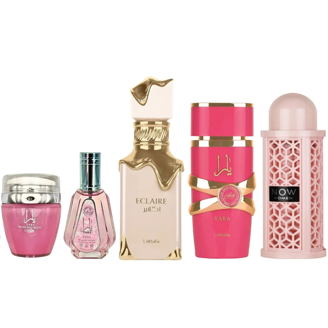 Lattafa ECLAIR + YARA Women's Fragrance & Skin Care Multi-Pack Gift Bundle - Jasmine & Vanilla Scented Silky Hand Lotion, 3.4oz/100ml Spray Perfume, Candy Body Care Items