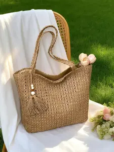 Women's Fashion Casual Straw Tote Bag, Large Capacity Beach Shoulder Bag, Perfect for Vacation & Daily Use, Simple Stylish Design