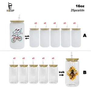 ICESIP 25pcs 16oz Frosted/Clear Sublimation Glass Can Jar, Iced Coffee Drinking Can Shaped Mug with Bamboo Lid & Straw, Drinkware Home Christmas Gift