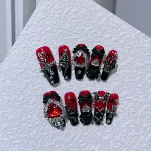 J30 Handmade Nail Wear - Black & Red Halo Mined Removable Press Nails with Black Finish Customizable Personalized nail  glue Unique Versatile nail