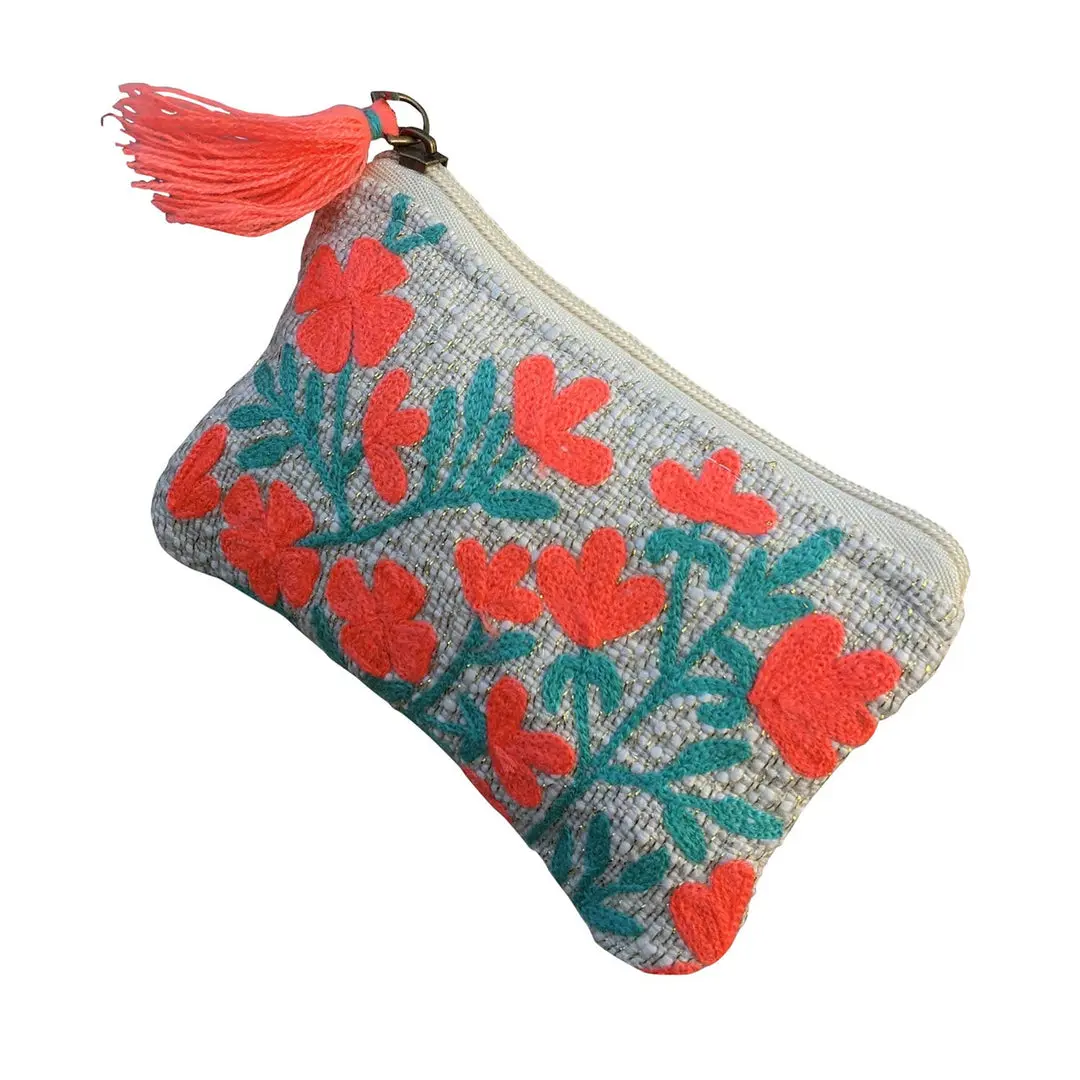 Women's Ethnic Artisanal Wallet - Coral Bloom Embroidered Compartmentalized Coin Pouch, Boho Floral Zip Clutch with Tassel, Quirky Women's Wallet, Artisanal Women's Wallets, Compartmentalized Women's Wallets Coin Purse