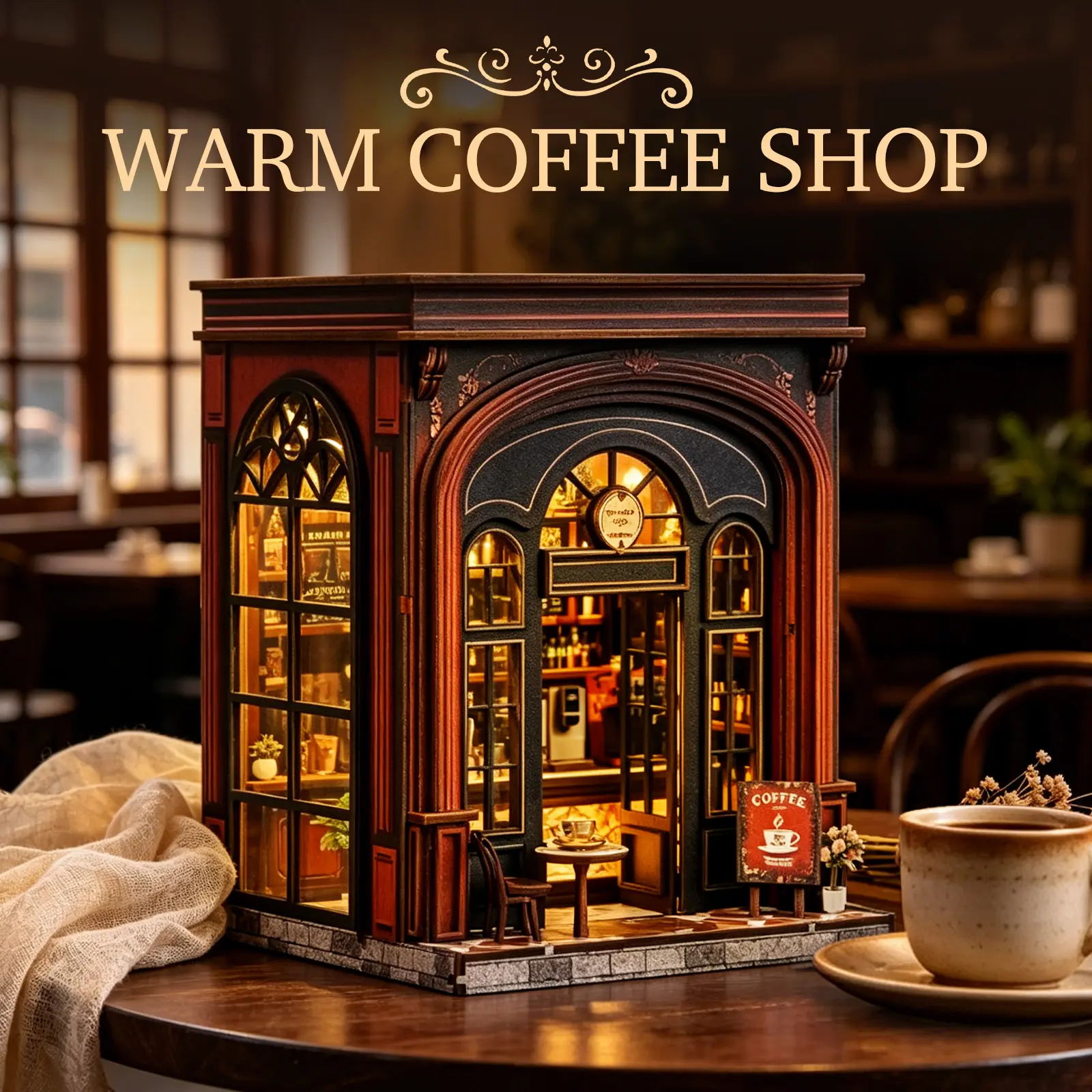Warmglow Cafe Book Nook Kit - Adult DIY Mini Cafe Display with LED Lights, Wooden Bookshelf Ornament, Detailed Furnishings, 3×AAA-Powered, Room Decor, Unique Decor, Mini Gifts for 14 and Above Collectors, Pre-Cut Wood Components