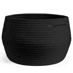 Sowyem Cute Round Basket - Cotton Rope Black Baskets in Living Room Woven Towel Basket Bedroom Storage Bakset for Children Corner Plant Basket Indoor, Black, 10" D x 8.3" H