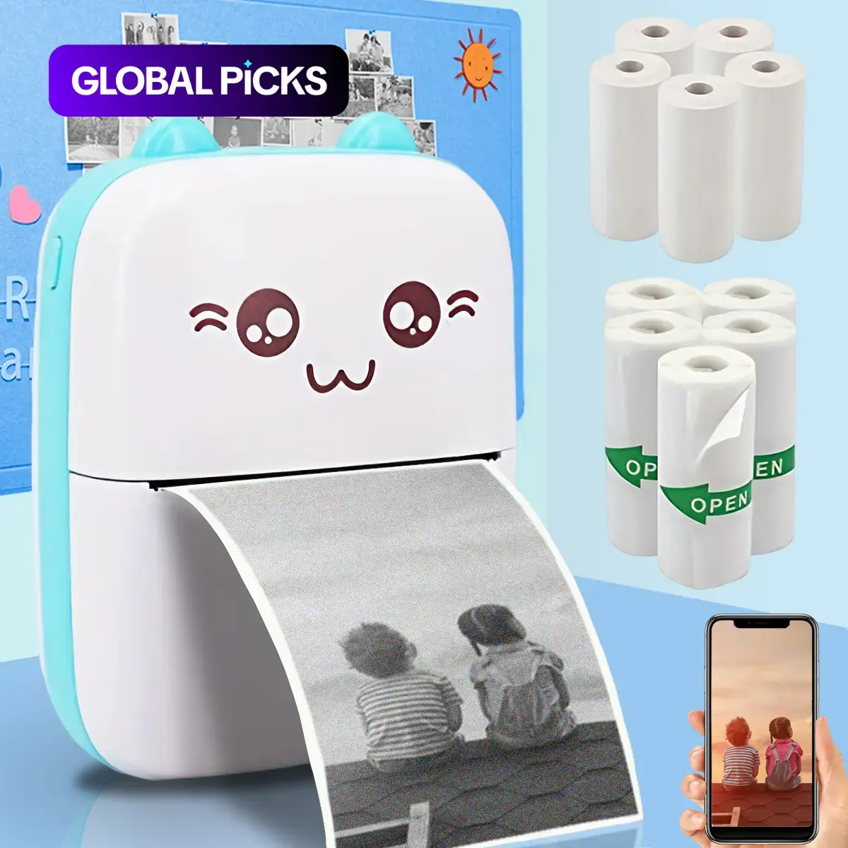 Ink-free Printing Mini Printer, Printing Machine, Sticker Printer, Inkless Thermal Printer, Thermal Pocket Printer, 1 Set Portable Thermal Printer with 5 Rolls Thermal Printing Paper & 5 Rolls Self-adhesive Printing Paper, Birthday Gifts #GLOBAL PICKS