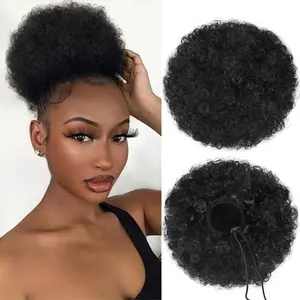 Afro Curly Hair Buns Updo Chignon Drawstring Ponytail Extension Women Short African Twisted Curly Hair Bun Ponytail Extension Synthetic Hair Patch African Ponytail Natural Hair For Christmas New Year Carnival Music Festival