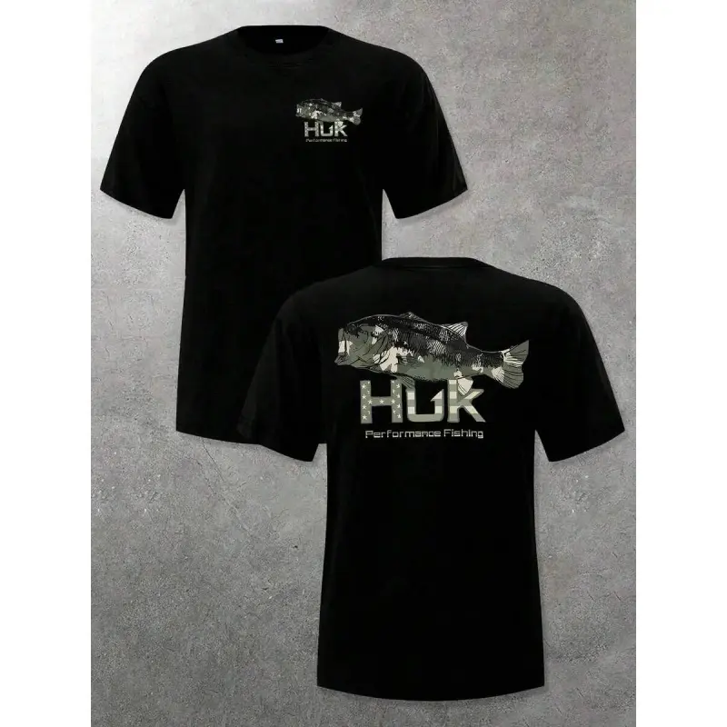 HUK Camo Bass Fish Graphic T-Shirt – Men's Crewneck Fishing Tee, 220g Heavyweight Cotton Summer Shirt, Angler Apparel, Viral TikTok Made Me Buy It, Outdoor Streetwear, Gift for Fishermen & Bass Lovers Graphic tee