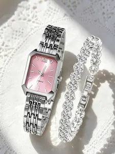 Fashion Rectangular Women's Quartz Watch Rhinestone Bracelet Set, Women's Roman Dial Watch, Girls' Clock Gift, Exquisite Watch Set, Square Dial Watch, Fashion Watches