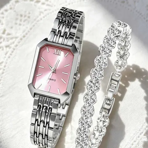 Fashionable Women's Rectangular Quartz Analog Watch & Rhinestone Embellished Bracelet, Elegant Exquisite Roman Numeral Accent Watch & Bracelet Set, Fashion Watch Jewelry