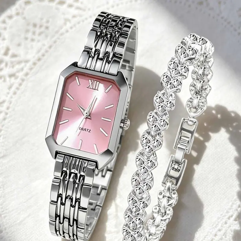 Fashionable Women's Rectangular Quartz Analog Watch & Rhinestone Embellished Bracelet, Elegant Exquisite Roman Numeral Accent Watch & Bracelet Set, Fashion Watch Jewelry