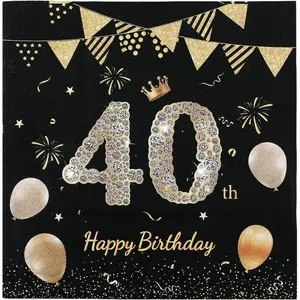 Napkins 40th Birthday, 40 Pieces Happy Birthday Napkins, Black Gold Paper Party Napkins, 33 x 33 cm Paper Napkins for Decoration 40th Birthday, Disposable Tableware