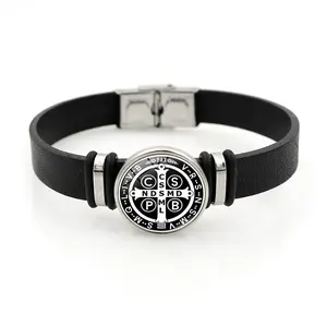 St. Benedict Medal Leather Bracelet Accessory Fashionable Personalized Wrist Jewelry