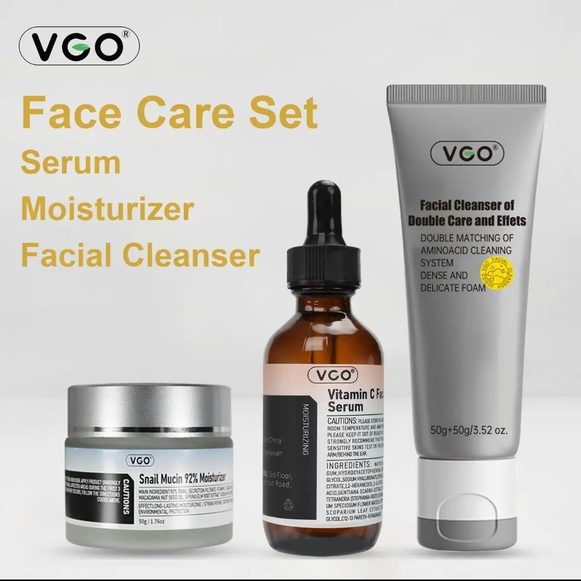 VGO 3-Piece Daily Skincare Set - 10% Vitamin C Serum, Hyaluronic Acid & Betaine Moisturizer, Amino Acid Cleanser - Hydrates, Soothes, Scarfade Support, Radiates, Gentle for All Skin Types, Unisex, Oil Control, Snail Mucin