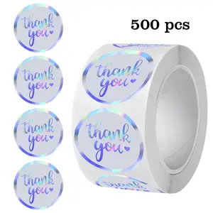 500pcs Laser Holographic Thank You Stickers Decorative Sticker Self-Adhesive Sealing Labels Sticky Labels Gold Foil Gift Envelope Card DIY Decoration Vinyl Adhesive Seal