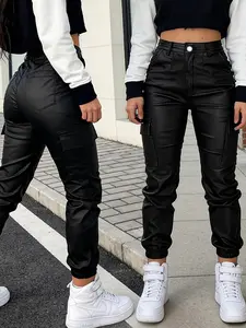 Women's Slim Fit Fitted Workwear Coated PU Elastic Denim Jeans Pants Trouser, Stylish and Comfortable Jeans for Everyday Wear, Perfect for Casual, Streetwear, Slim Fit Fashionable