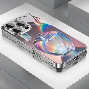 Arctic Glow Butterfly Apple Exquisite Gorgeous Pattern Electroplated Glass Phone Case, Compatible with iPhone 16 Pro Max/15 14 Plus/13/12/11 And Samsung S25 S24 S23 Ultra FE with Lens Protection, Fashion Design, Premium Protective Case Smartphone Cover