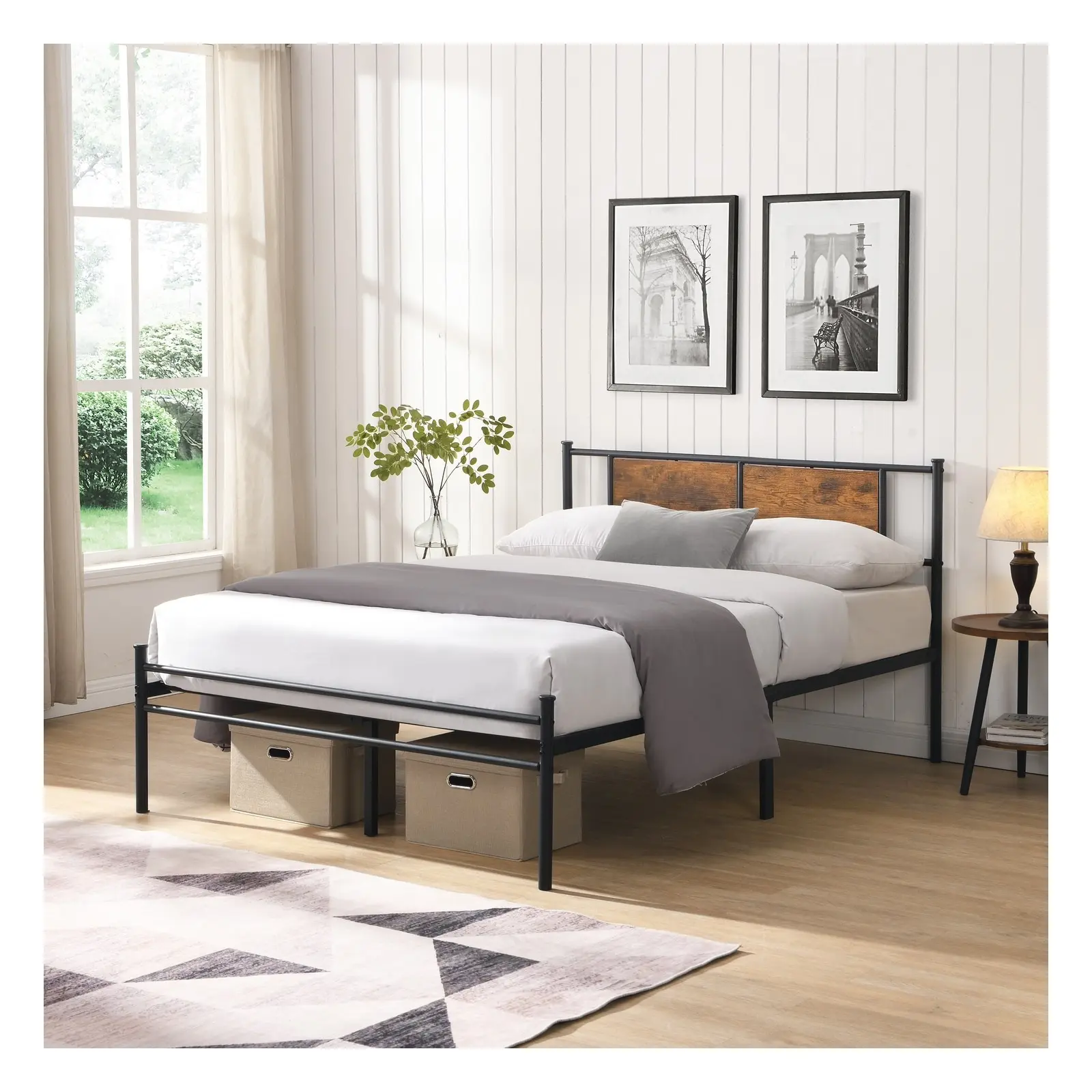 Twin/King/California King Size Metal Platform Bed Frame with Headboard, No Box Spring Needed and Noise-Free Design, Black/Brown