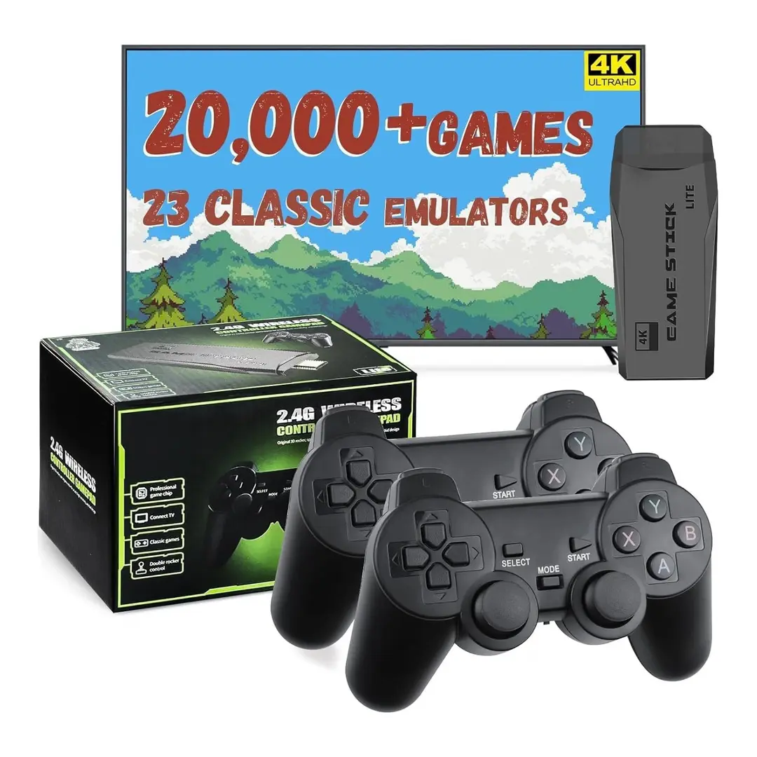 Retro Gaming Console & HDMI Game Stick Pro - 20,000+ Classic Video Games, 23 Emulators, Dual Wireless Controllers, 4K HDMI Output, Plug & Play, Compatible with TV, PC, Projector, 64GB