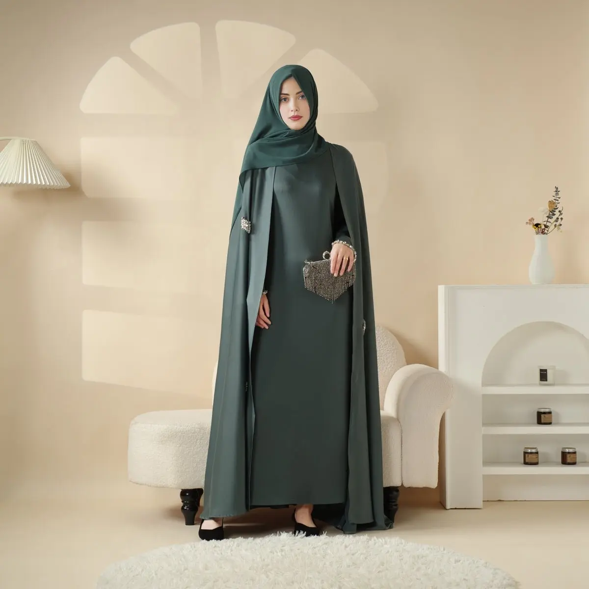 Elegant Cape Abaya 3-Piece Set with an Attached Heavy Rhinestone Cape, Full Length Stretch Dress, and Matching Chiffon Hijab for Weddings, Round Neckline, Modesty, Islamic, Women, Maxi Dress