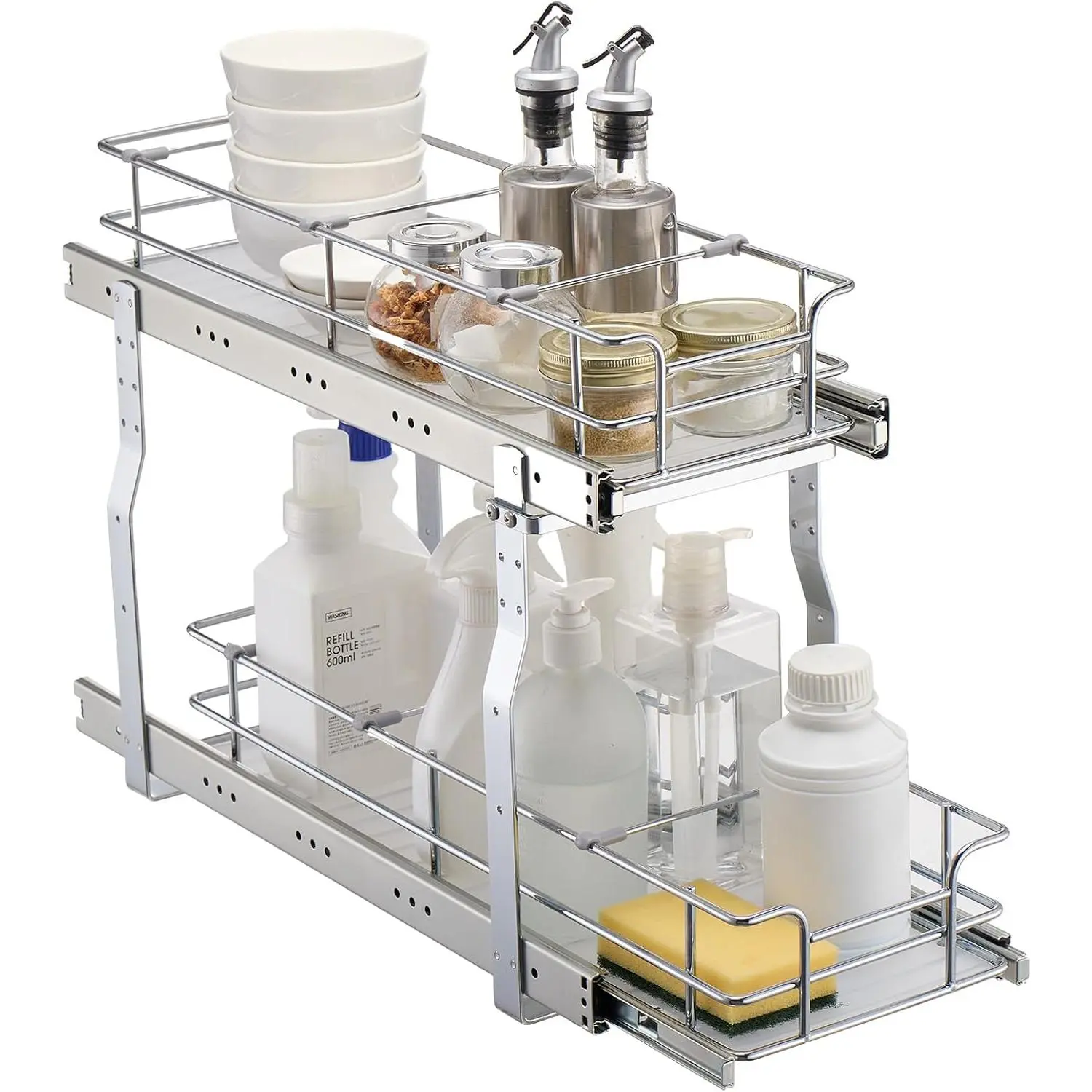 VEVOR Pull Out Cabinet Organizer, 7"Wx21"Dx3.2"H Chrome-Plated Steel Heavy Duty Slide Out Shelves with 60 lbs Capacity, Added Dividers & Bottom Pads, Sliding Storage for Kitchen, Bathroom Cabinets, Durable