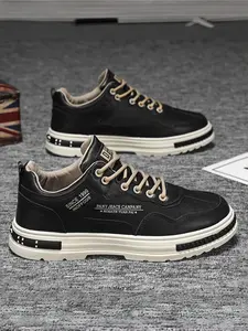 Men's Comfortable Soft Sole Casual Shoes, Trendy Versatile Work Boots, Low-Top Fashion Sneakers, PU Leather, All Seasons, Walking Shoes