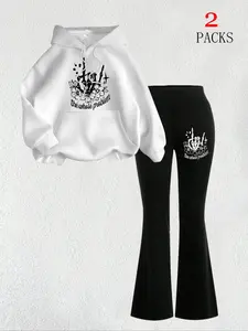 Y2K Dark Sweet Cool Set, 2 Piece Skull Flower Sweatshirt & High Waist Bell Pants, Oversized Fit, Youthful Style, School & Casual Wear