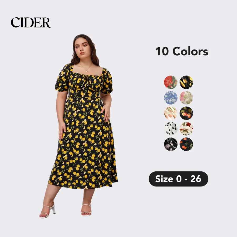 Cider Women's Casual Woven A-Line Midi Dress - Square Neck, Adjustable Bust, Detachable Puff Sleeves, Plus Size, Lightweight Pull-On, Stretchy Back Panel, Shirred, Floral, Spring-Summer, Outdoor, Sweet