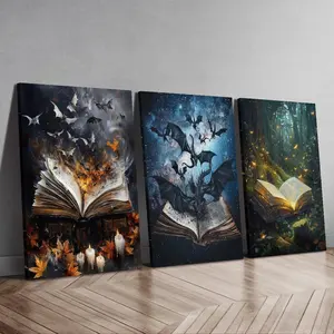 Set of 3 Pieces Canvas Painting-Pine Frame Wall Art Decoration with Fantasy Books as the Theme, with Dragon, Universe, Flame-Home Office, Living Room, art Decoration of Bedroom-Decorative Artwork Suitable for Indoor and Outdoor Display-Fantasy Theme Frame