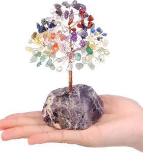 7 Chakra Crystals Tree, Raw Healing Crystals Purple Amethyst Base Bonsai Money Tree for Home Office Table Decor Wealth and Luck