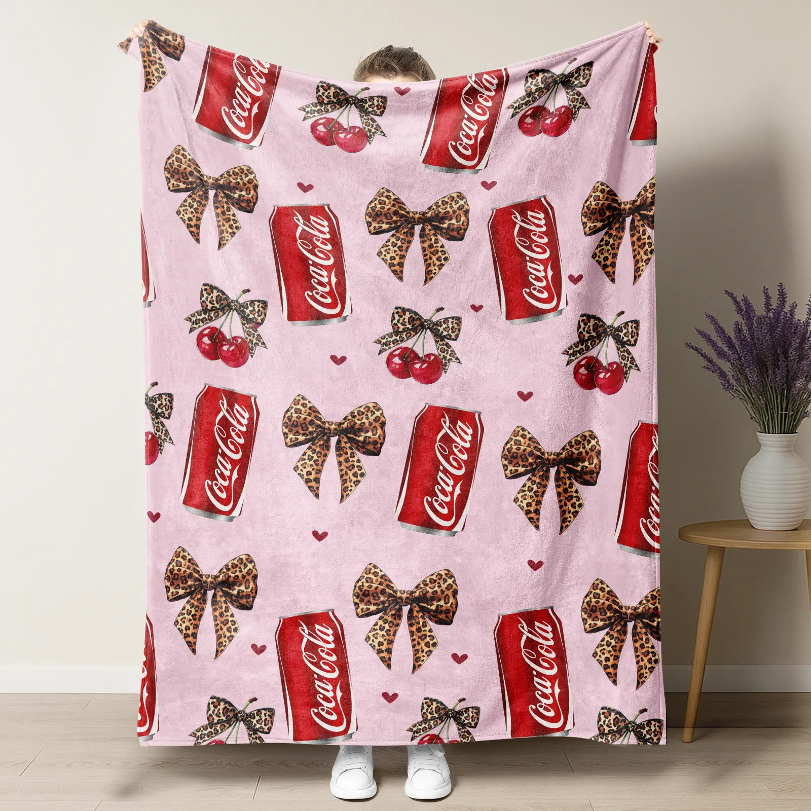 Beverage Velvet Leopard print bow Throw Blanket - Versatile For Sofa,Bed, Office, Camping- Cozy Nap Blankets