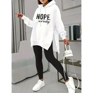 Two-Piece Set - Stylish Letter Print Hoodie with Kangaroo Pocket and Solid Skinny Leggings for a Chic Look - Womens Fashion Clothing Outfit for Casual Wear