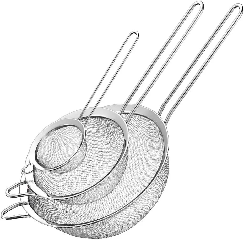 [USA Stock] Rustproof Silver Stainless Steel Mesh Strainer Set (3 Count, 3 Sizes) - Durable Kitchen Sieve for Draining, Baking, Stovetop Cooking, Easy Cleaning, Sturdy CTG-00-3MS